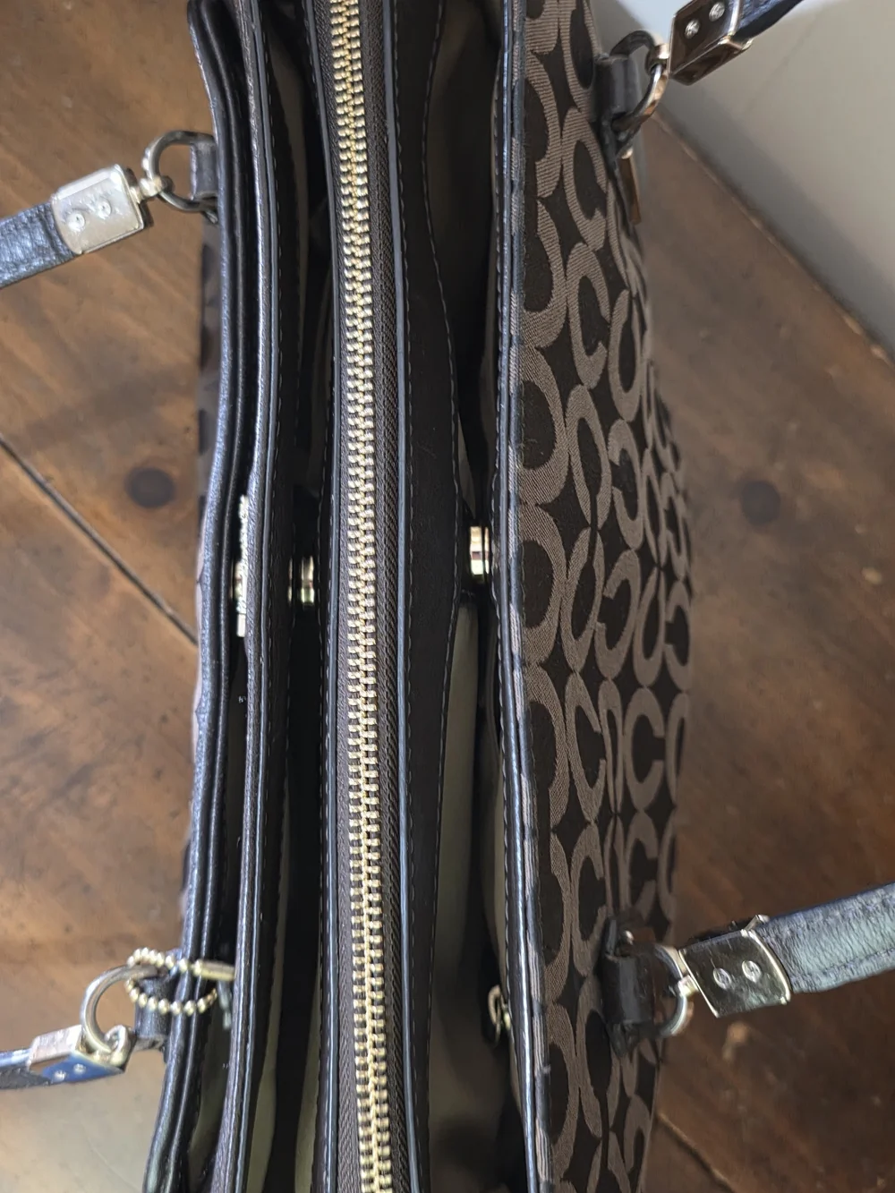 Coach Brown Signature Tote with Dark Leather Trim w matching wallet
